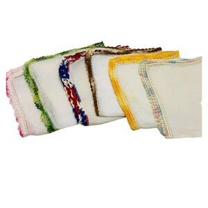 #4806 Vintage multicolor edged crochet hankerchiefs 6 PC